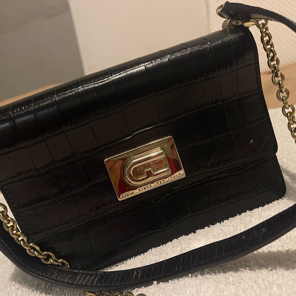 Furla Luxury Black With Polished Brass Mini Bag with Chain Strap